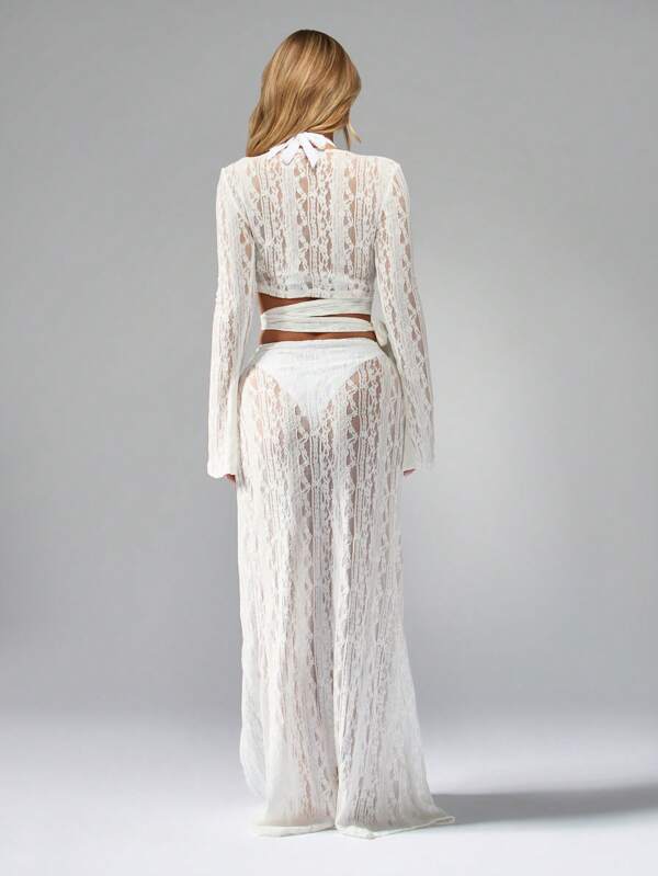 Missguided MISSGUIDED Elegant Lace Long Sleeve Cowl Neck Two Piece Outfit