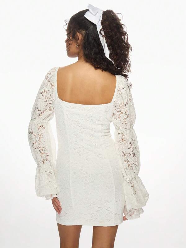 Missguided MISSGUIDED Elegant Lace Puff Sleeve Sweetheart Neckline Mini Dress