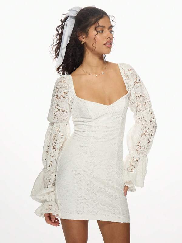 Missguided MISSGUIDED Elegant Lace Puff Sleeve Sweetheart Neckline Mini Dress
