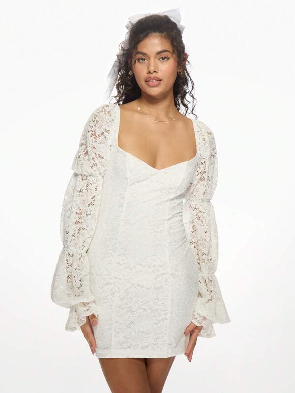missguided MISSGUIDED Elegant Lace Puff Sleeve Sweetheart Neckline Mini Dress