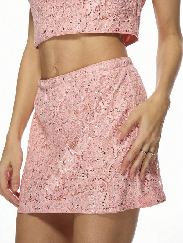 Missguided MISSGUIDED Elegant Lace Sequin Two-Piece Crop Top Mini Skirt Outfit