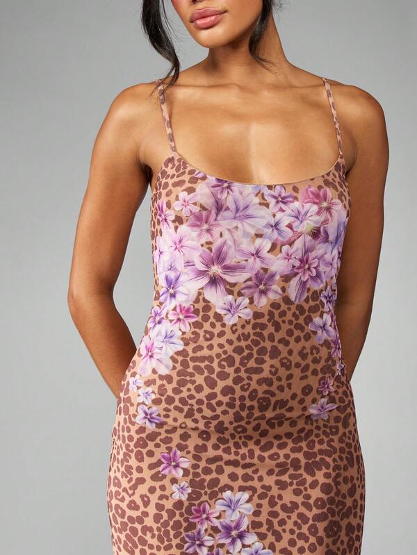 Missguided MISSGUIDED Elegant Leopard Floral Print Spaghetti Strap Bodycon Long Dress