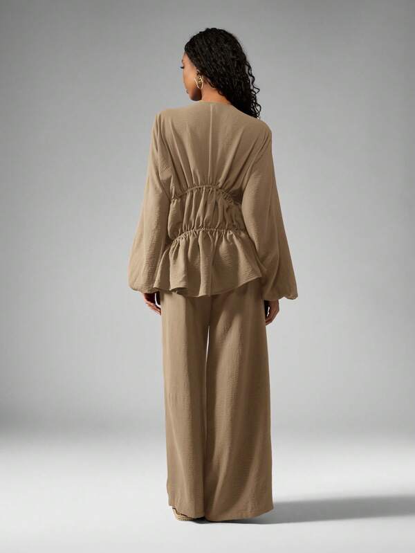 Missguided MISSGUIDED Elegant Linen Feel Drawstring Peplum Blouse Wide Leg Palazzo Pants Coordinates