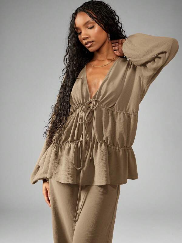 Missguided MISSGUIDED Elegant Linen Feel Drawstring Peplum Blouse Wide Leg Palazzo Pants Coordinates