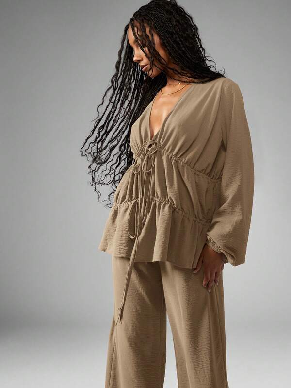 Missguided MISSGUIDED Elegant Linen Feel Drawstring Peplum Blouse Wide Leg Palazzo Pants Coordinates