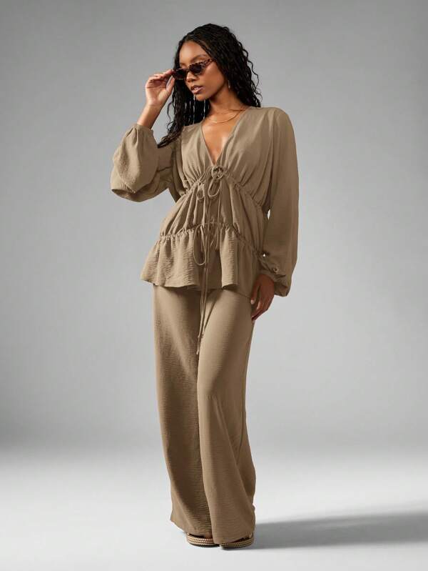 missguided MISSGUIDED Elegant Linen Feel Drawstring Peplum Blouse Wide Leg Palazzo Pants Coordinates