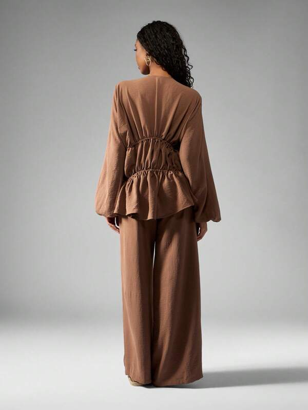 Missguided MISSGUIDED Elegant Linen Feel Tiered Ruffle Blouse Wide Leg Pants Set