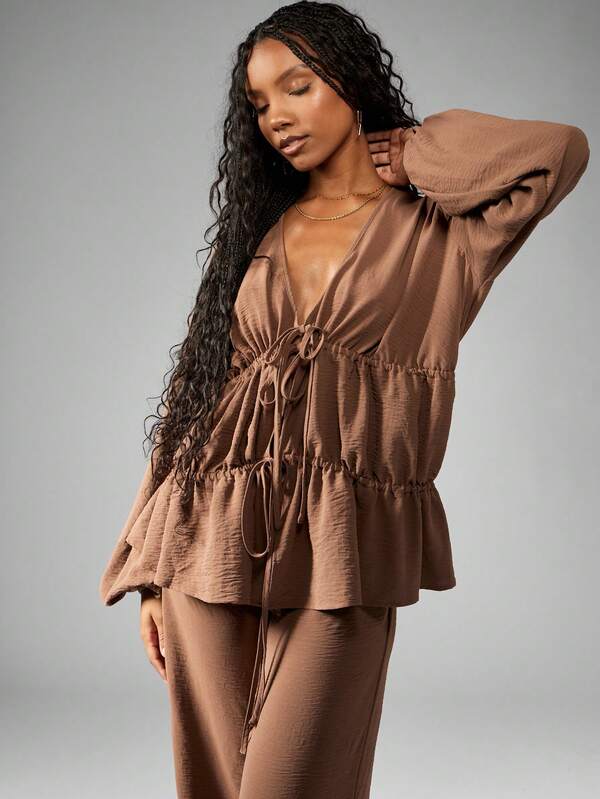Missguided MISSGUIDED Elegant Linen Feel Tiered Ruffle Blouse Wide Leg Pants Set