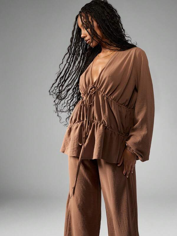 Missguided MISSGUIDED Elegant Linen Feel Tiered Ruffle Blouse Wide Leg Pants Set