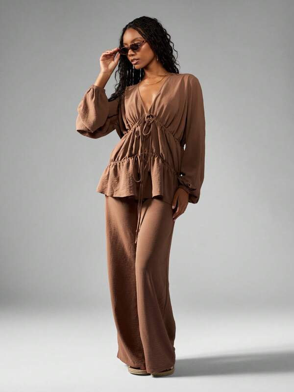 missguided MISSGUIDED Elegant Linen Feel Tiered Ruffle Blouse Wide Leg Pants Set