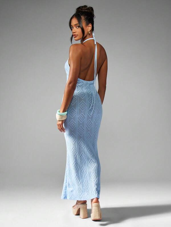 Missguided MISSGUIDED Elegant Long Halter Neck Knit Diamond Pattern Bodycon Maxi Dress