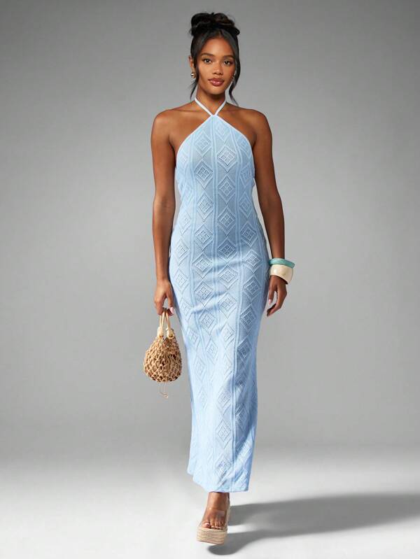 missguided MISSGUIDED Elegant Long Halter Neck Knit Diamond Pattern Bodycon Maxi Dress