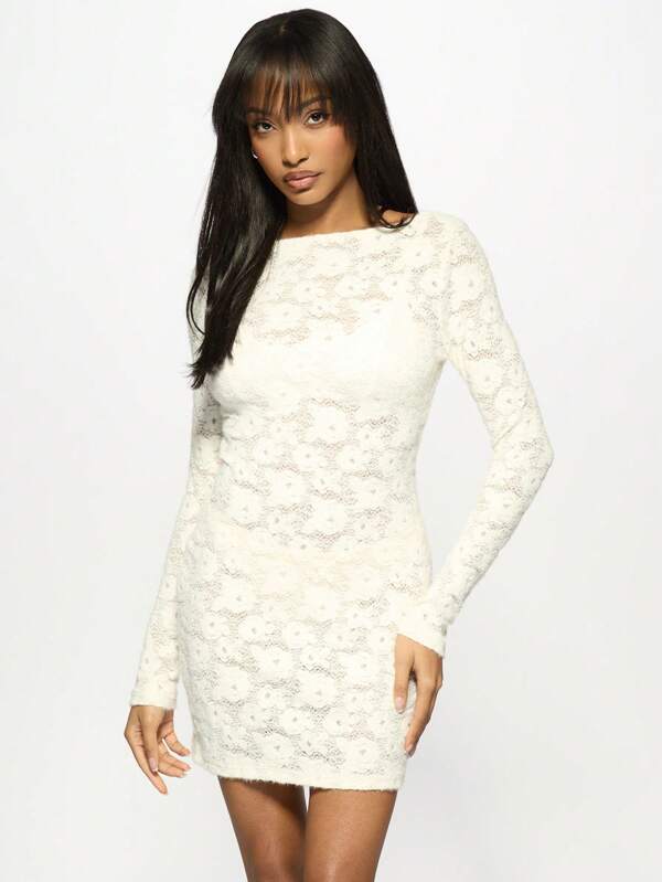 missguided MISSGUIDED Elegant Long Sleeve Floral Lace Mini Dress