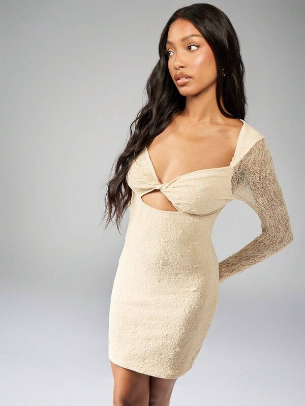 Missguided MISSGUIDED Elegant Long Sleeve Lace Mini Dress With Twist Front Cut-Out Detail