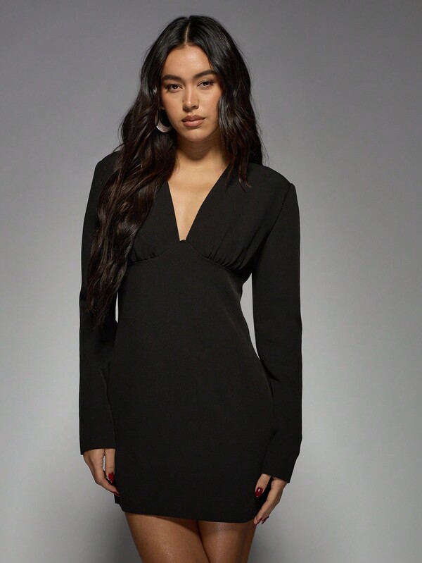 Missguided MISSGUIDED Elegant Long Sleeve Plunge Bodycon Mini Dress With Shoulder Pads