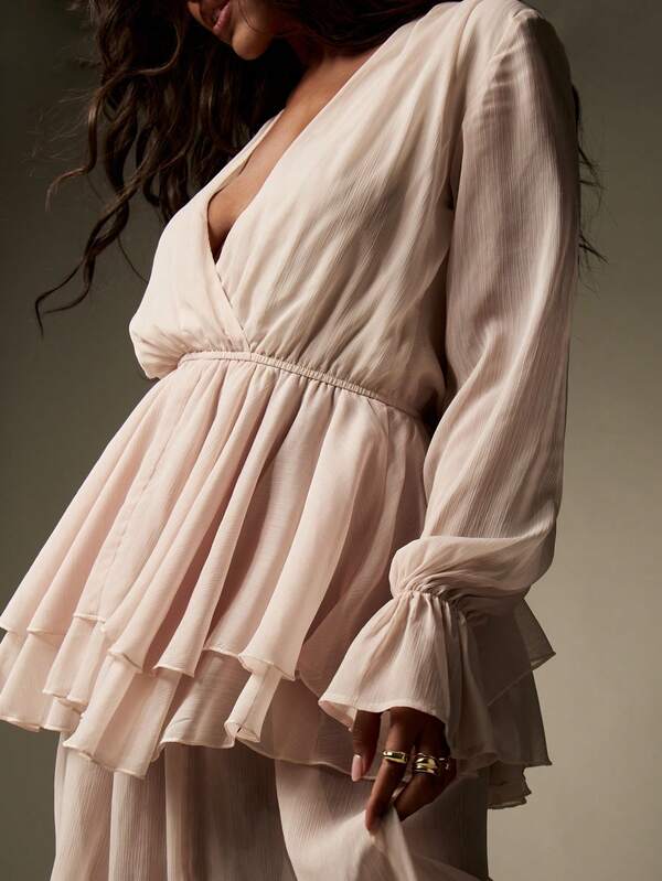 Missguided MISSGUIDED Elegant Long Sleeve Ruffle Wrap V-Neck Empire Waist Maxi Dress