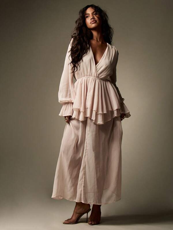 missguided MISSGUIDED Elegant Long Sleeve Ruffle Wrap V-Neck Empire Waist Maxi Dress