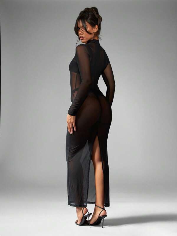 Missguided MISSGUIDED Elegant Long Sleeve Sheer Mesh High Neck Bodycon Long Dress