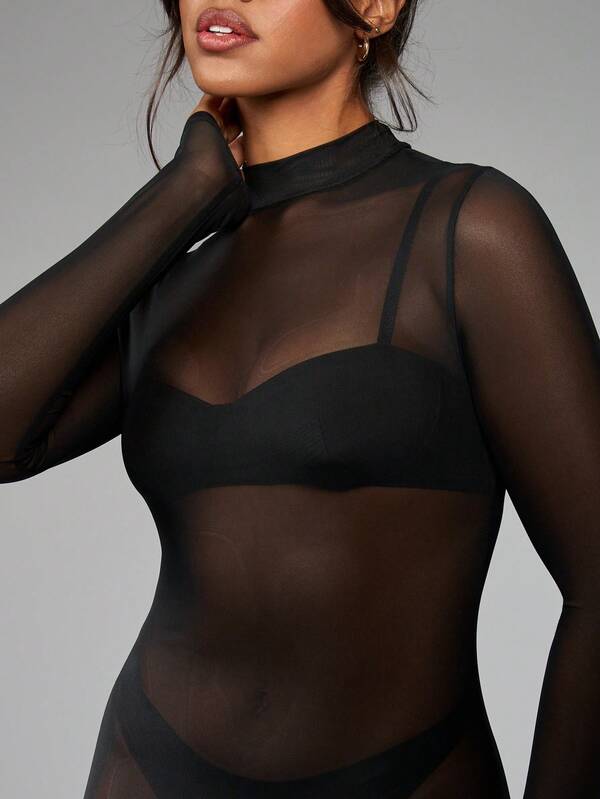 Missguided MISSGUIDED Elegant Long Sleeve Sheer Mesh High Neck Bodycon Long Dress