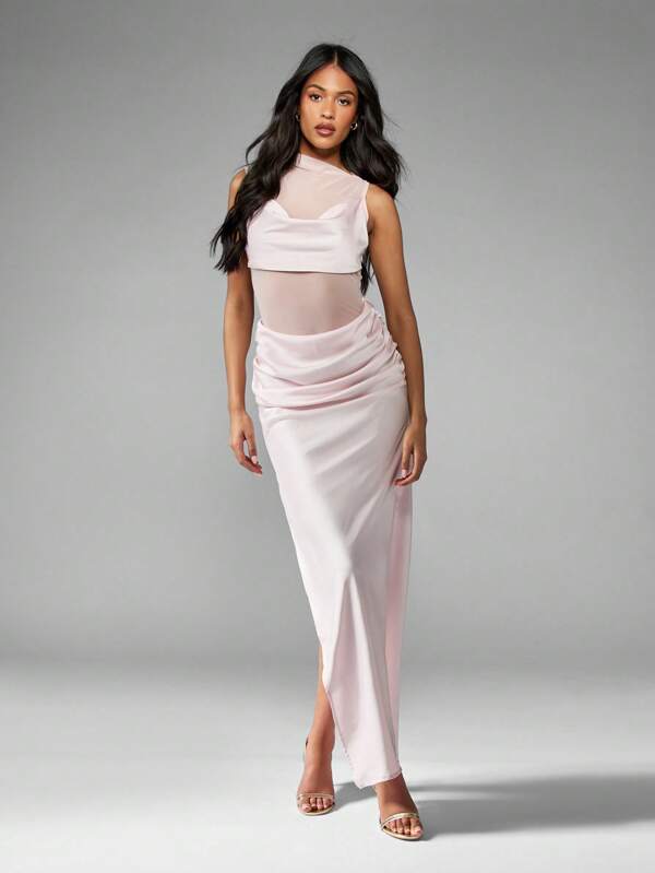 missguided MISSGUIDED Elegant Mesh Panel Ruched Maxi Dress