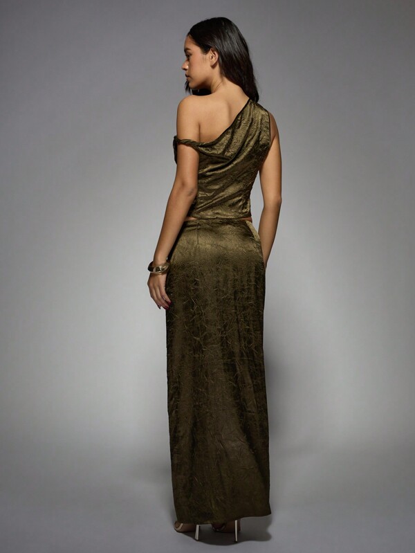 Missguided MISSGUIDED Elegant Metallic Satin Off-Shoulder Crop Top Maxi Skirt Two-Piece Outfits