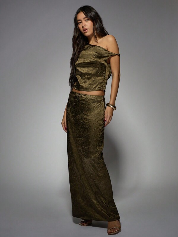 missguided MISSGUIDED Elegant Metallic Satin Off-Shoulder Crop Top Maxi Skirt Two-Piece Outfits
