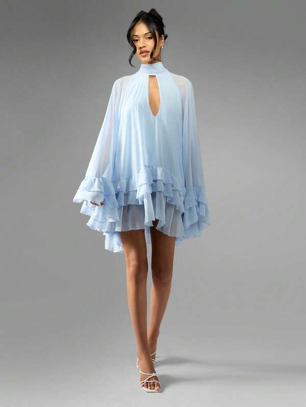 Missguided MISSGUIDED Elegant Mini Dress Ruffled Tiered Flutter Sleeve Statement High Neck