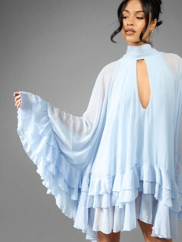 Missguided MISSGUIDED Elegant Mini Dress Ruffled Tiered Flutter Sleeve Statement High Neck