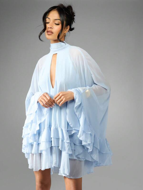 missguided MISSGUIDED Elegant Mini Dress Ruffled Tiered Flutter Sleeve Statement High Neck