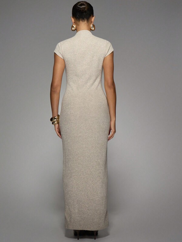 Missguided MISSGUIDED Elegant Mock Neck Button-Front Side Slit Cap Sleeve Maxi Dress