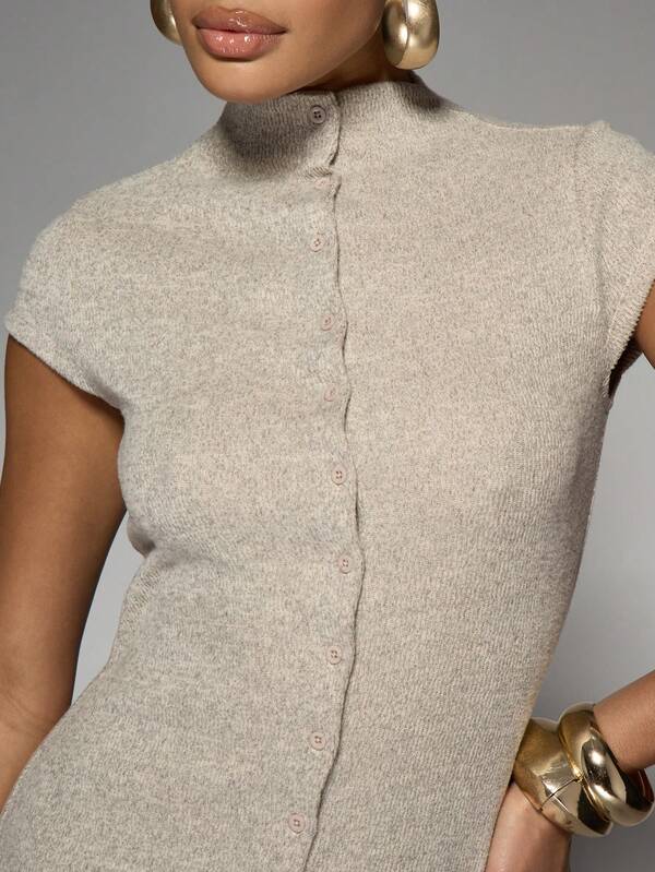 Missguided MISSGUIDED Elegant Mock Neck Button-Front Side Slit Cap Sleeve Maxi Dress