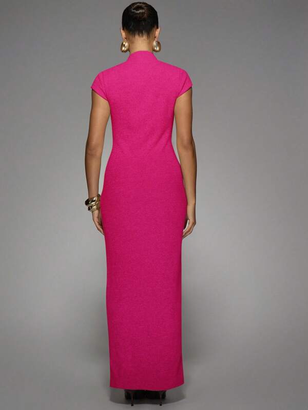 Missguided MISSGUIDED Elegant Mock Neck Cap Sleeve Button Front Side Slit Maxi Dress