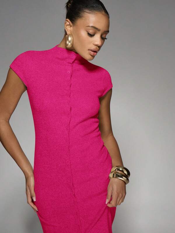 Missguided MISSGUIDED Elegant Mock Neck Cap Sleeve Button Front Side Slit Maxi Dress