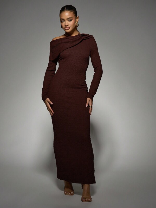 missguided MISSGUIDED Elegant Off-Shoulder Asymmetric Knot Bodycon Long Sleeve Maxi Dress
