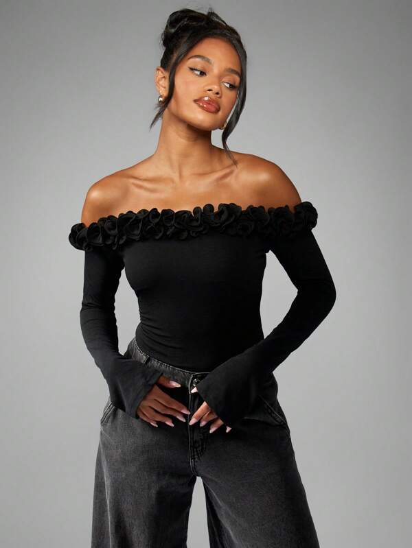 missguided MISSGUIDED Elegant Off Shoulder Bodysuit With Long Sleeves And Ruffled Neckline