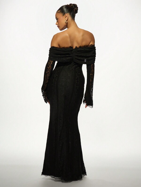 Missguided MISSGUIDED Elegant Off-Shoulder Lace Long Sleeve Black Mermaid Maxi Dress