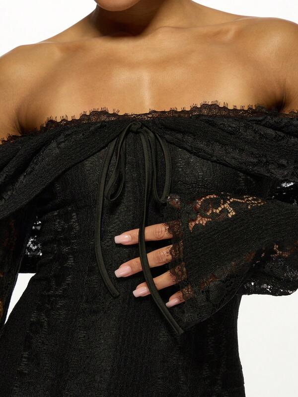 Missguided MISSGUIDED Elegant Off-Shoulder Lace Long Sleeve Black Mermaid Maxi Dress