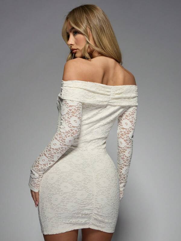 Missguided MISSGUIDED Elegant Off-Shoulder Lace Mini Dress Long Sleeves