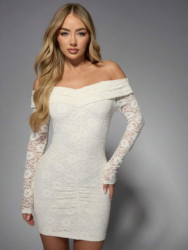 missguided MISSGUIDED Elegant Off-Shoulder Lace Mini Dress Long Sleeves