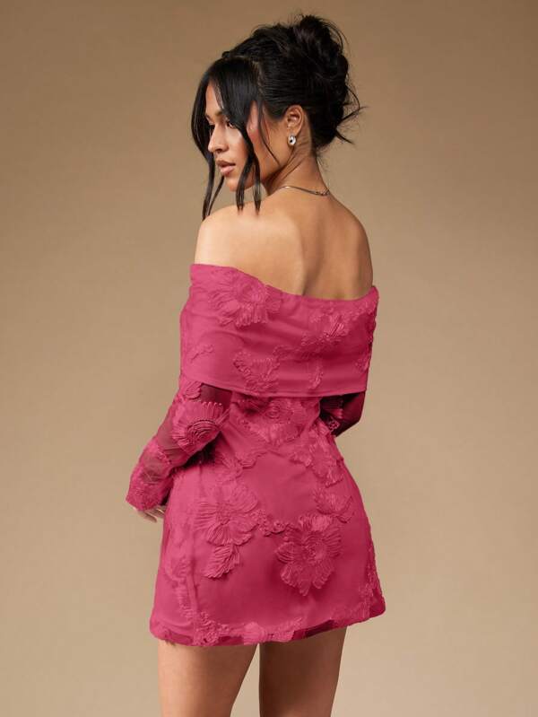 Missguided MISSGUIDED Elegant Off Shoulder Long Sleeve Floral Embroidered Mini Dress