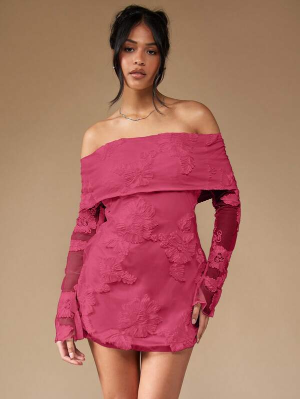 Missguided MISSGUIDED Elegant Off Shoulder Long Sleeve Floral Embroidered Mini Dress