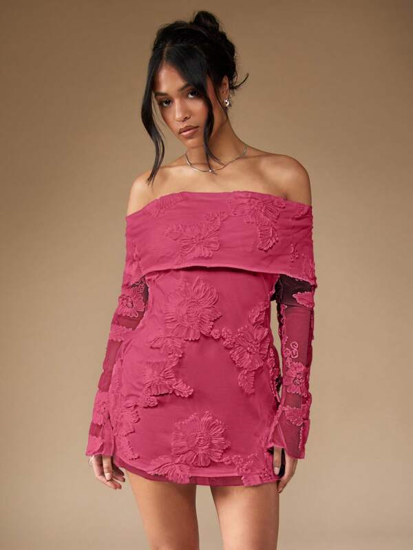 missguided MISSGUIDED Elegant Off Shoulder Long Sleeve Floral Embroidered Mini Dress