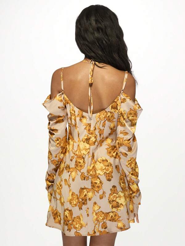 Missguided MISSGUIDED Elegant Off-Shoulder Long Sleeve Mini Dress With Metallic Gold Floral Pattern