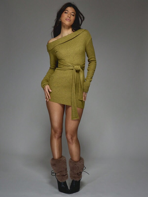 Missguided MISSGUIDED Elegant Off Shoulder Ribbed Mini Dress With Tie Waist Belt Long Sleeve Bodycon Irish-Themed Party Dress For St. Patrick'S Day Celebration Festive Evening Holiday Wear