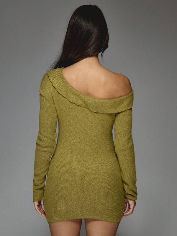 Missguided MISSGUIDED Elegant Off Shoulder Ribbed Mini Dress With Tie Waist Belt Long Sleeve Bodycon Irish-Themed Party Dress For St. Patrick'S Day Celebration Festive Evening Holiday Wear