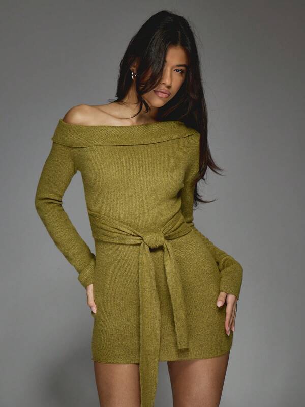 missguided MISSGUIDED Elegant Off Shoulder Ribbed Mini Dress With Tie Waist Belt Long Sleeve Bodycon Irish-Themed Party Dress For St. Patrick'S Day Celebration Festive Evening Holiday Wear