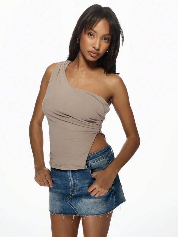 Missguided MISSGUIDED Elegant One Shoulder Draped Ruched Fitted Crop Tops