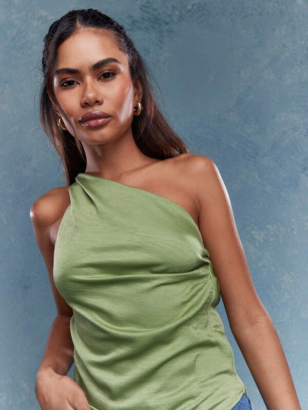 Missguided MISSGUIDED Elegant One Shoulder Draped Top St Patricks Day Party Wear Lucky Charm Irish Holiday Celebration Sleeveless Ruched Evening Casual Blouse