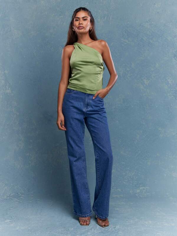 Missguided MISSGUIDED Elegant One Shoulder Draped Top St Patricks Day Party Wear Lucky Charm Irish Holiday Celebration Sleeveless Ruched Evening Casual Blouse