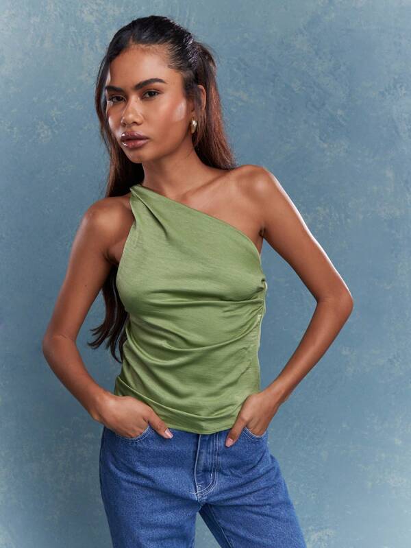 missguided MISSGUIDED Elegant One Shoulder Draped Top St Patricks Day Party Wear Lucky Charm Irish Holiday Celebration Sleeveless Ruched Evening Casual Blouse